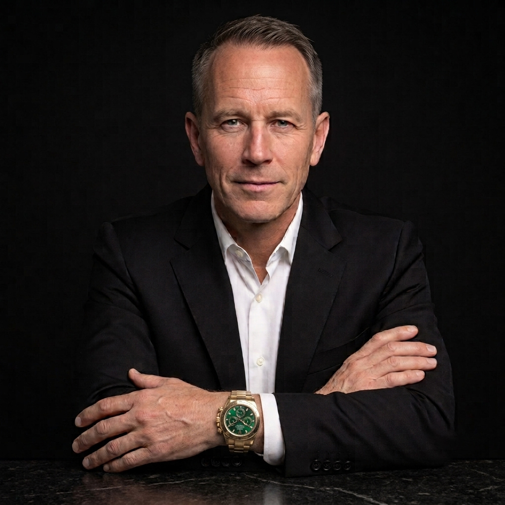 Patrick Price, founder of Blackwater Luxury, wearing a black suit and white shirt with a gold luxury watch, seated against a black background.